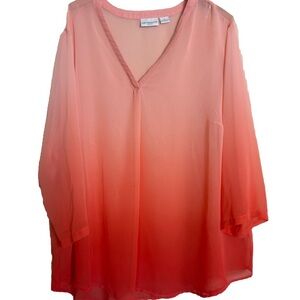 Liz Claiborne Woman 2X Sheer Ombre Blouse Coral Pink Tunic Top Flowy light